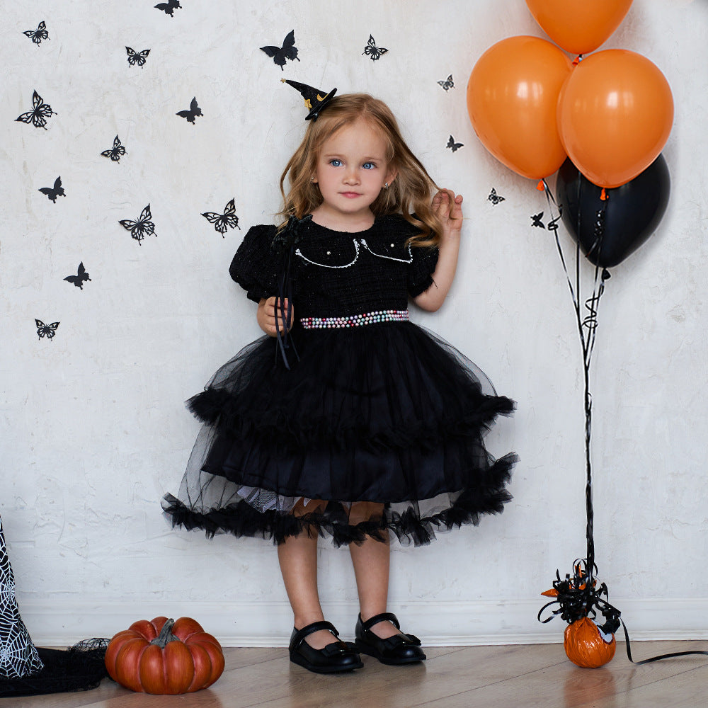 Girls' Fashion Halloween Mesh Stitching Puff Sleeve Dress - I Love Goods