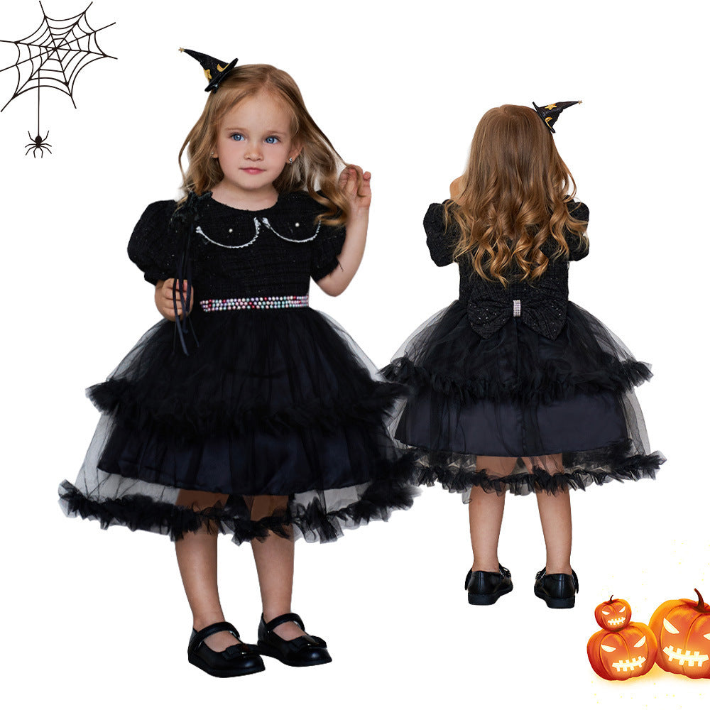 Girls' Fashion Halloween Mesh Stitching Puff Sleeve Dress - I Love Goods