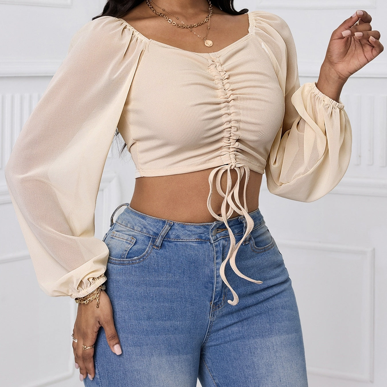 Drawstring Lantern Sleeve Crop Top - I Love Goods