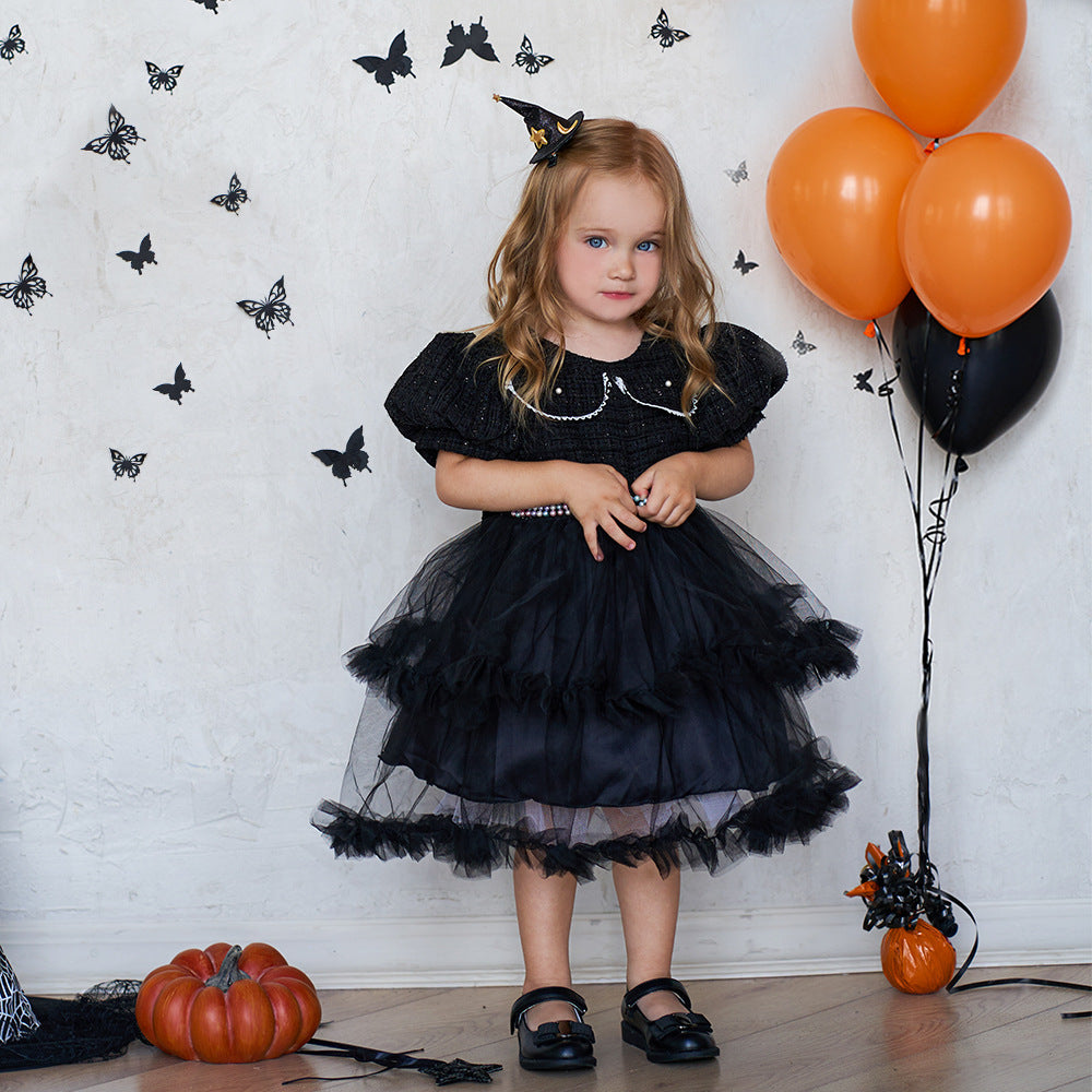 Girls' Fashion Halloween Mesh Stitching Puff Sleeve Dress - I Love Goods