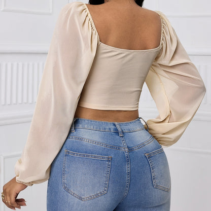 Drawstring Lantern Sleeve Crop Top - I Love Goods