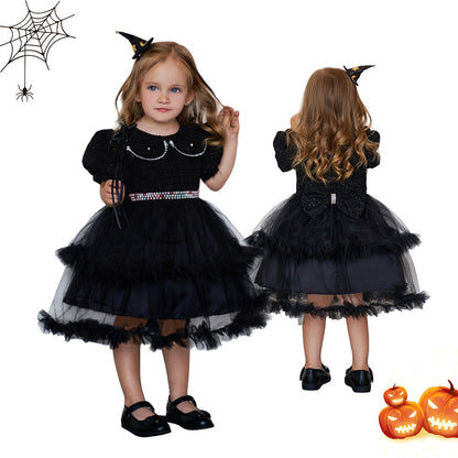 Girls' Fashion Halloween Mesh Stitching Puff Sleeve Dress - I Love Goods