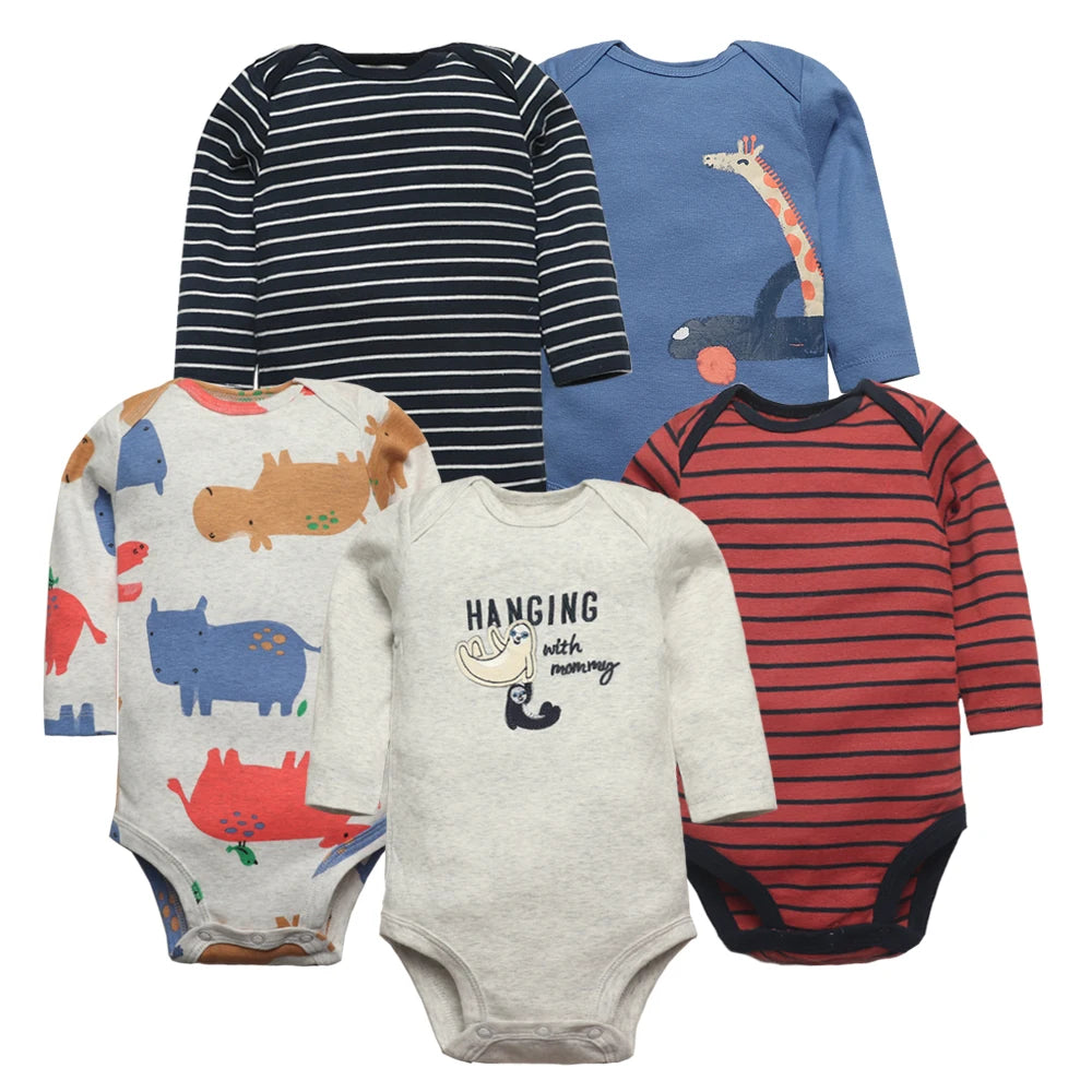 Newborn Baby Girl Long Sleeve 100% Cotton 5 PCS Cartoon Bodysuits - I Love Goods