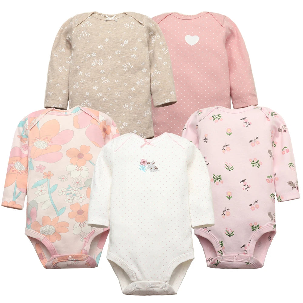 Newborn Baby Girl Long Sleeve 100% Cotton 5 PCS Cartoon Bodysuits - I Love Goods