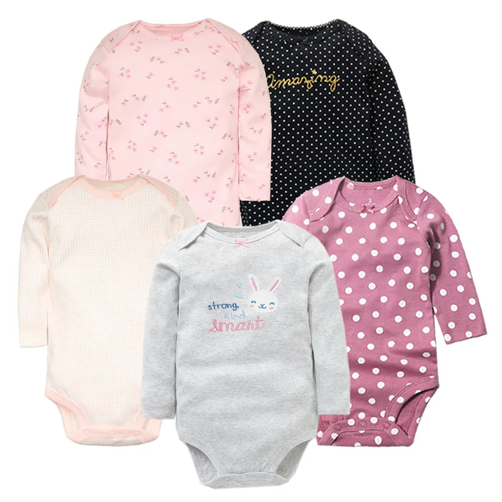 Newborn Baby Girl Long Sleeve 100% Cotton 5 PCS Cartoon Bodysuits - I Love Goods