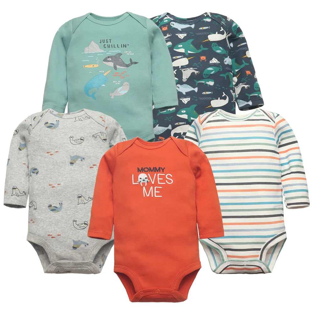 Newborn Baby Girl Long Sleeve 100% Cotton 5 PCS Cartoon Bodysuits - I Love Goods