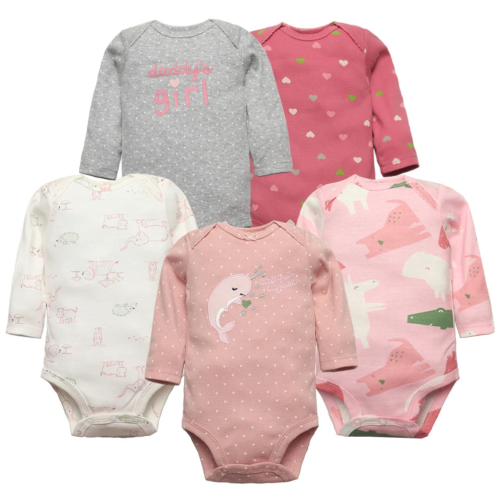 Newborn Baby Girl Long Sleeve 100% Cotton 5 PCS Cartoon Bodysuits - I Love Goods