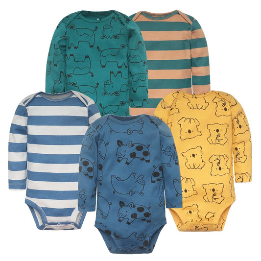 Newborn Baby Girl Long Sleeve 100% Cotton 5 PCS Cartoon Bodysuits - I Love Goods