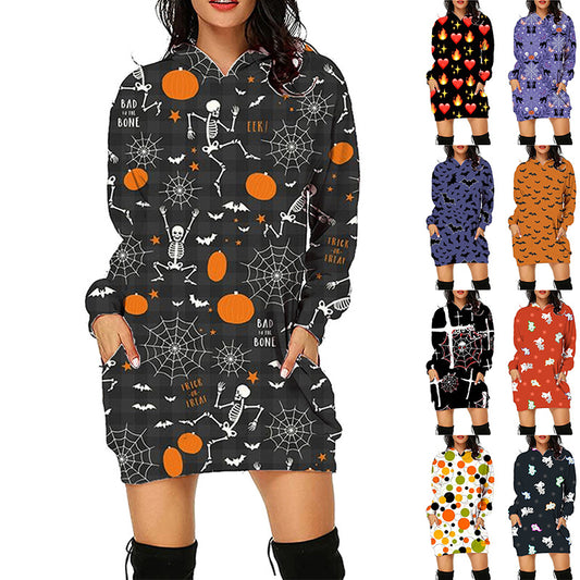 Spooky Print Long Sweater Hoodie - I Love Goods