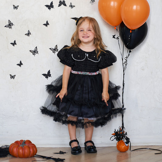 Girls' Fashion Halloween Mesh Stitching Puff Sleeve Dress - I Love Goods