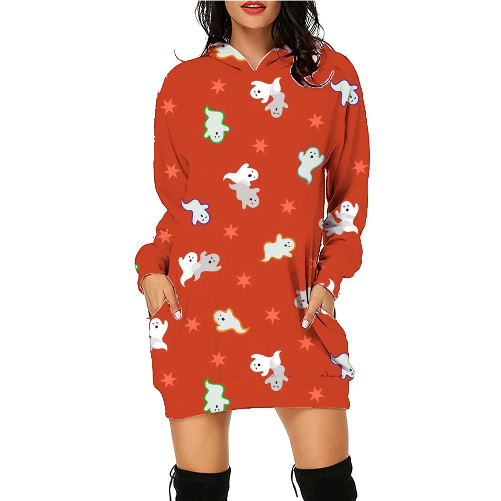 Spooky Print Long Sweater Hoodie - I Love Goods